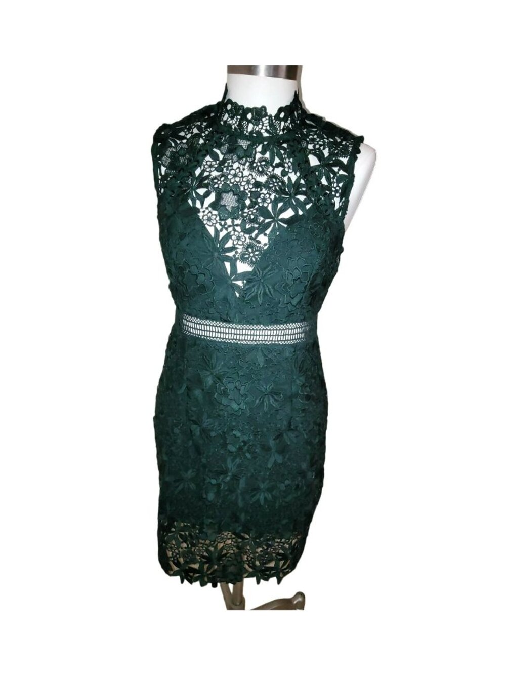Hunter Green Lace Overlay Midi Dress Size 8 Medium Bodycon Sleeveless jj3545